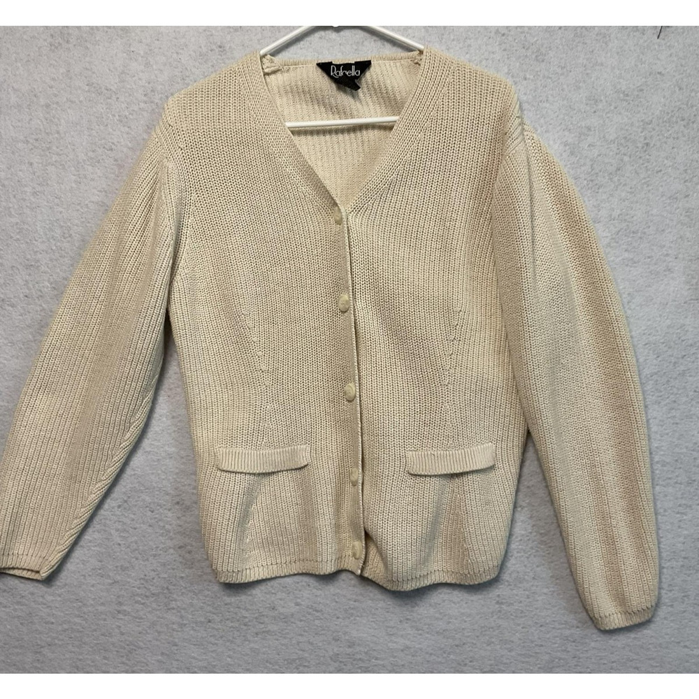 Rafaella Sweater Womens Large Cream V Neck Cardigan Ramie Cotton Button Front
